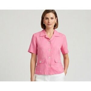 Stonebridge Womens Pink Linen Blend Short Sleeve Button Down Safari Shirt Sz M
